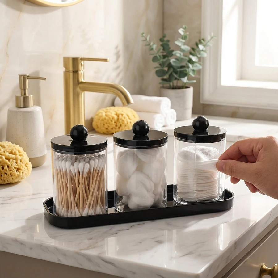 Lot de 3 supports pour cotons-tiges pour salle de bain, avec plateau, pots de pharmacie, organisateurs et boîtes de rangement pour salle de bain