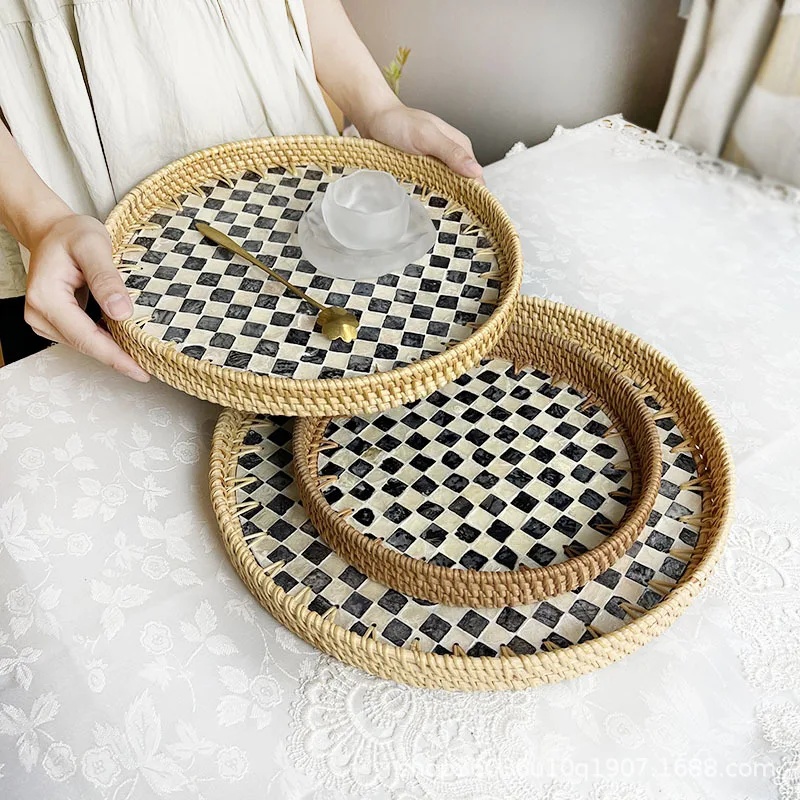 Vietnamesisches Rattan-Geflecht-Tablett mit Muscheleinlage, Multifunktionaler Aufbewahrungskorb für Obst, Snacks, Gebäck, Dampfnudeln, Wohnzimmer