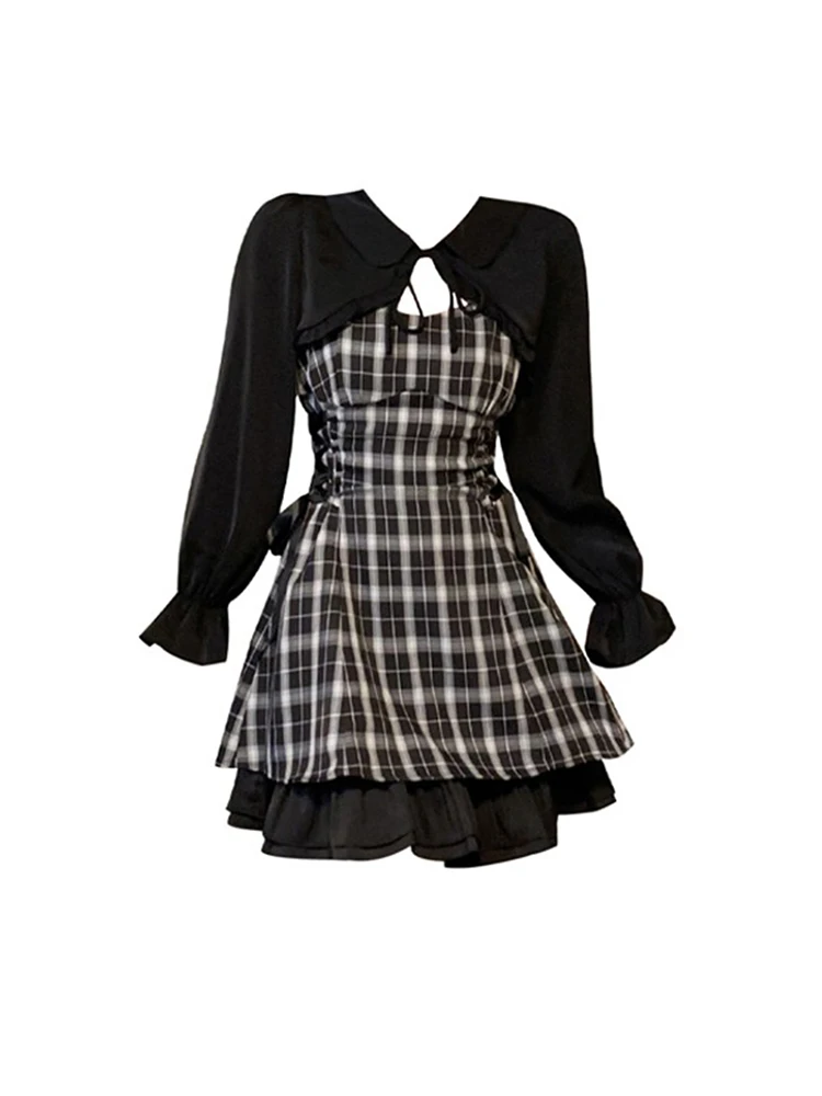 

Sweet Summer Tide Fashion Gyaru Women Outfits 2 Piece Set O-Neck Plaid Spaghetti Strap Dress+Black Bandage Cardigan Streetwear