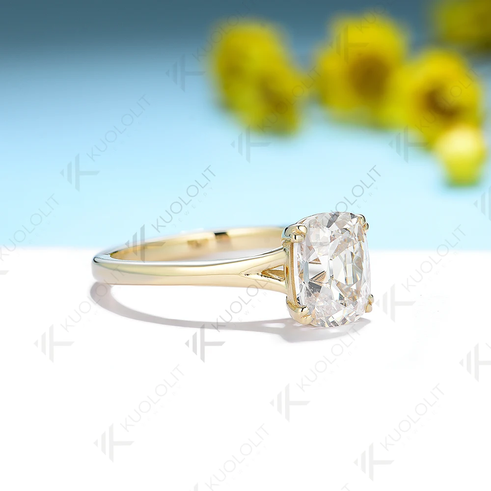 Kuololit 2.5CT OMC Enlonged Cushion Moissanite Rings for Women PT950 Solid 14K 10K Yellow Gold for Engagement Wedding Christmas