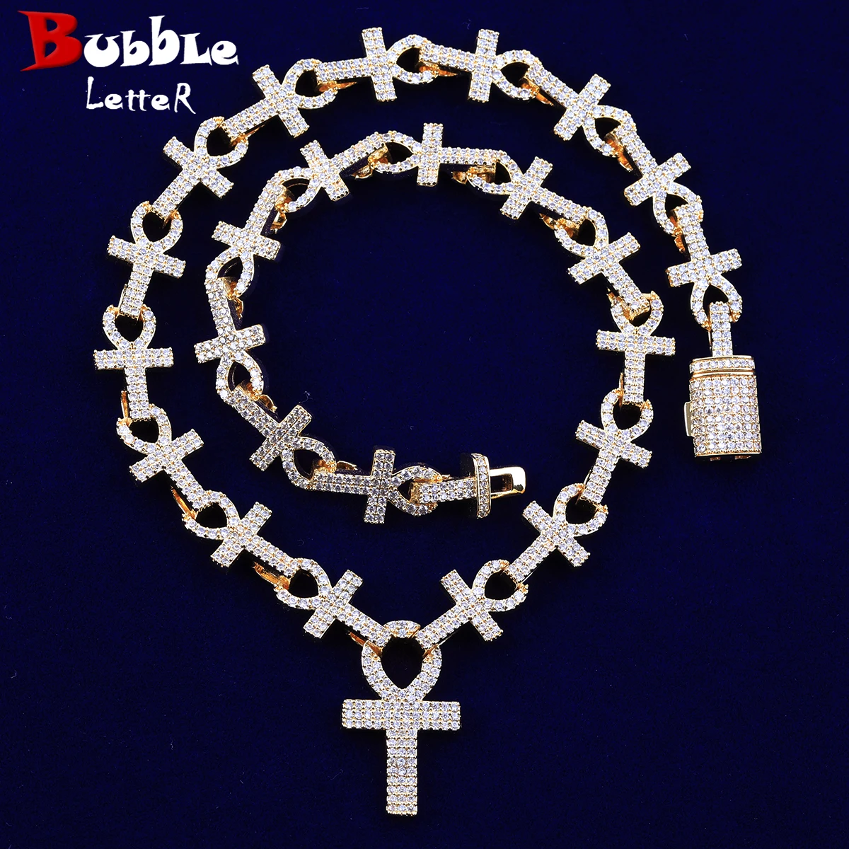 バブルレターマイクロパヴェクロスネックレス女性用チョーカープロングセッティングキューバリンクチェーンヒップホップジュエリー