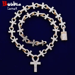 Bubble Letter Micro Pave Cross Necklace Choker for Women Prong Setting Cuban Link Chain Hip Hop Jewelry