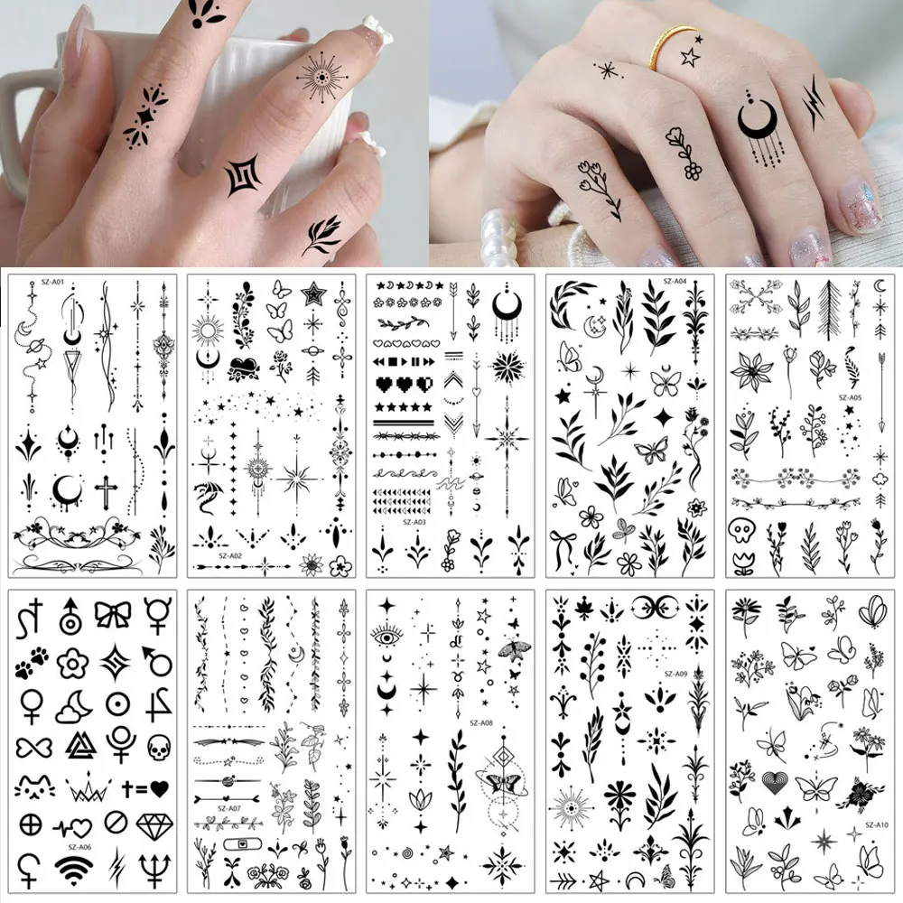 10 قطعة ملصقات وشم الإصبع مقاوم للماء زهرة ورقة القمر نمط الوشم المؤقت أسود صغير الحناء وهمية الوشم لليد