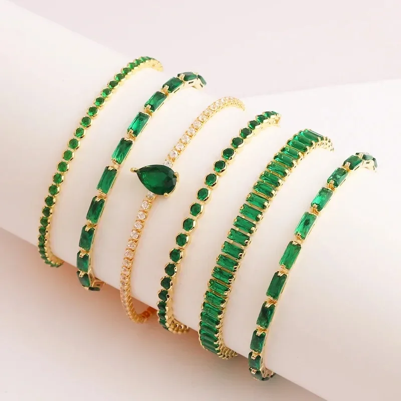 

Green Shiny Crystal Zircon Charm CZ Tennis Bracelet for Women Jewelry Adjustable 18K Gold Plated Box Chain Bracelets Gift