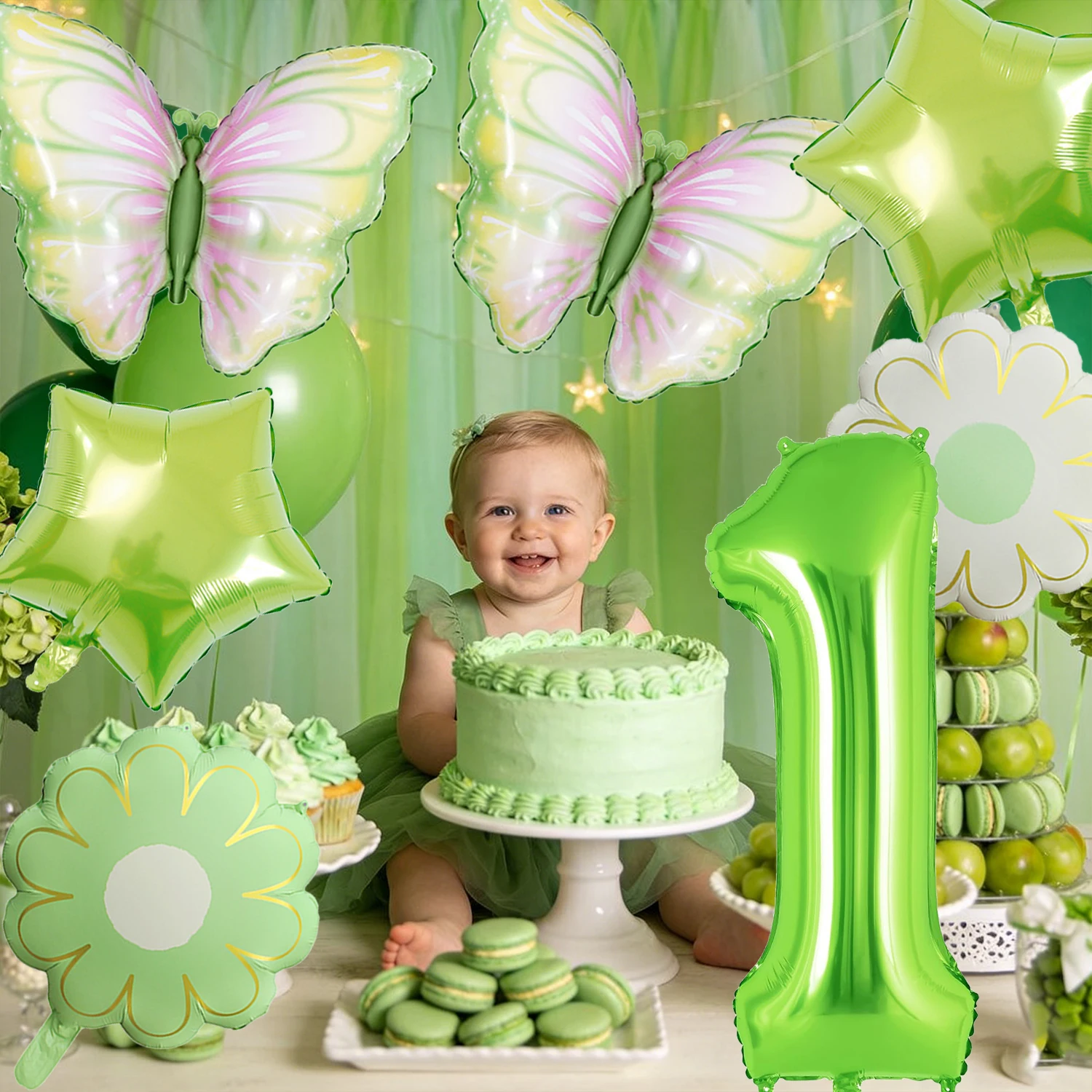 Grünes Schmetterlings-Geburtstagsballon-Set – Folienzahlen 1-9, Gänseblümchenballons & Schmetterlingsdekorationen, perfekte Geburtstagsparty-Ausstattung – Detail 3