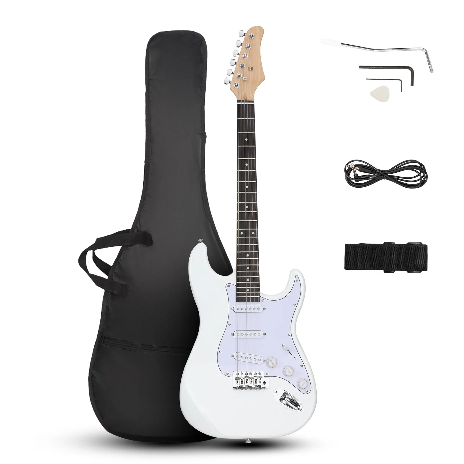 

White 6 Strings Electric Guitar Right Handed With Gig Bag Strap Cord