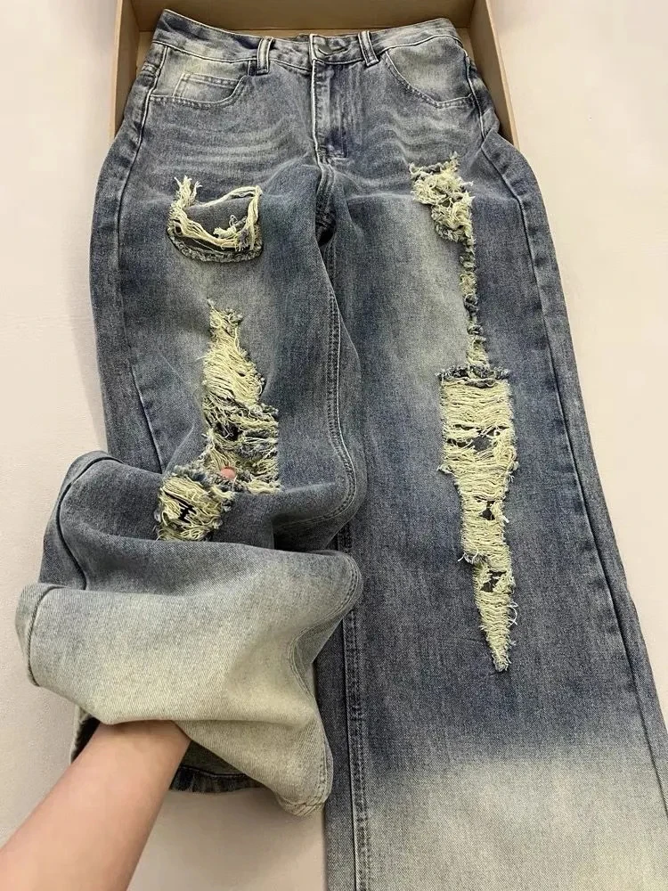 

Y2K American Hole Jeans Women High Waist Streetwear Oversize Denim Pants Korean Gyaru Grunge Hip Hop Trousers Female
