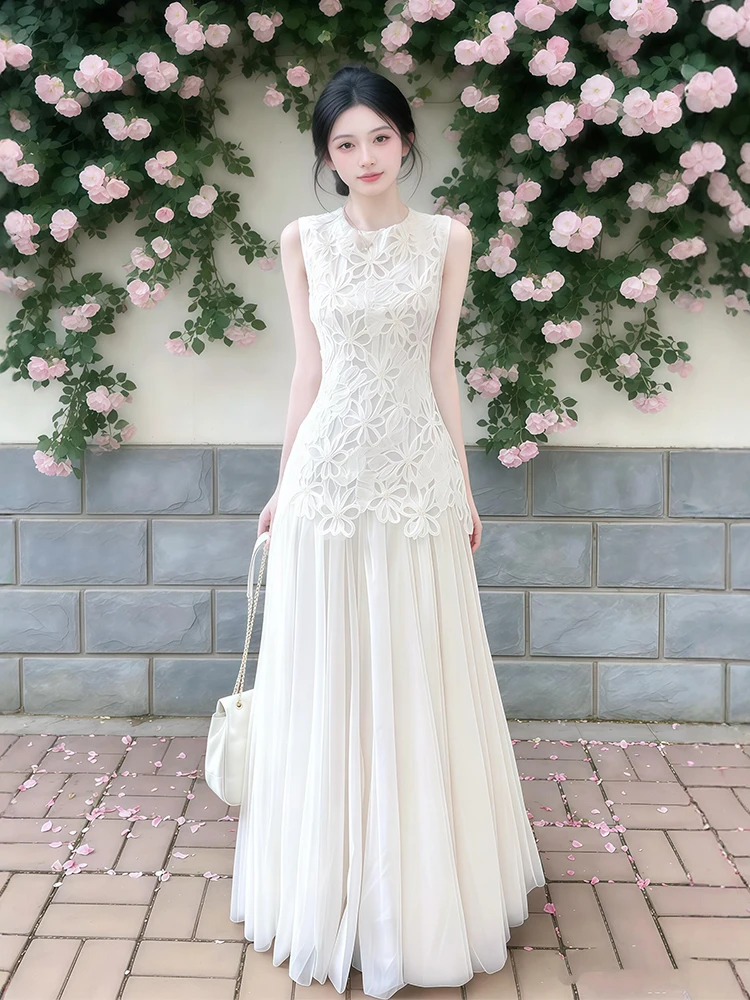

Stylish Vest Dress Women's Elegant Fashion plus Size Summer New Arrival A-Line Skirt round Neck No Sleeve Polyester Fiber