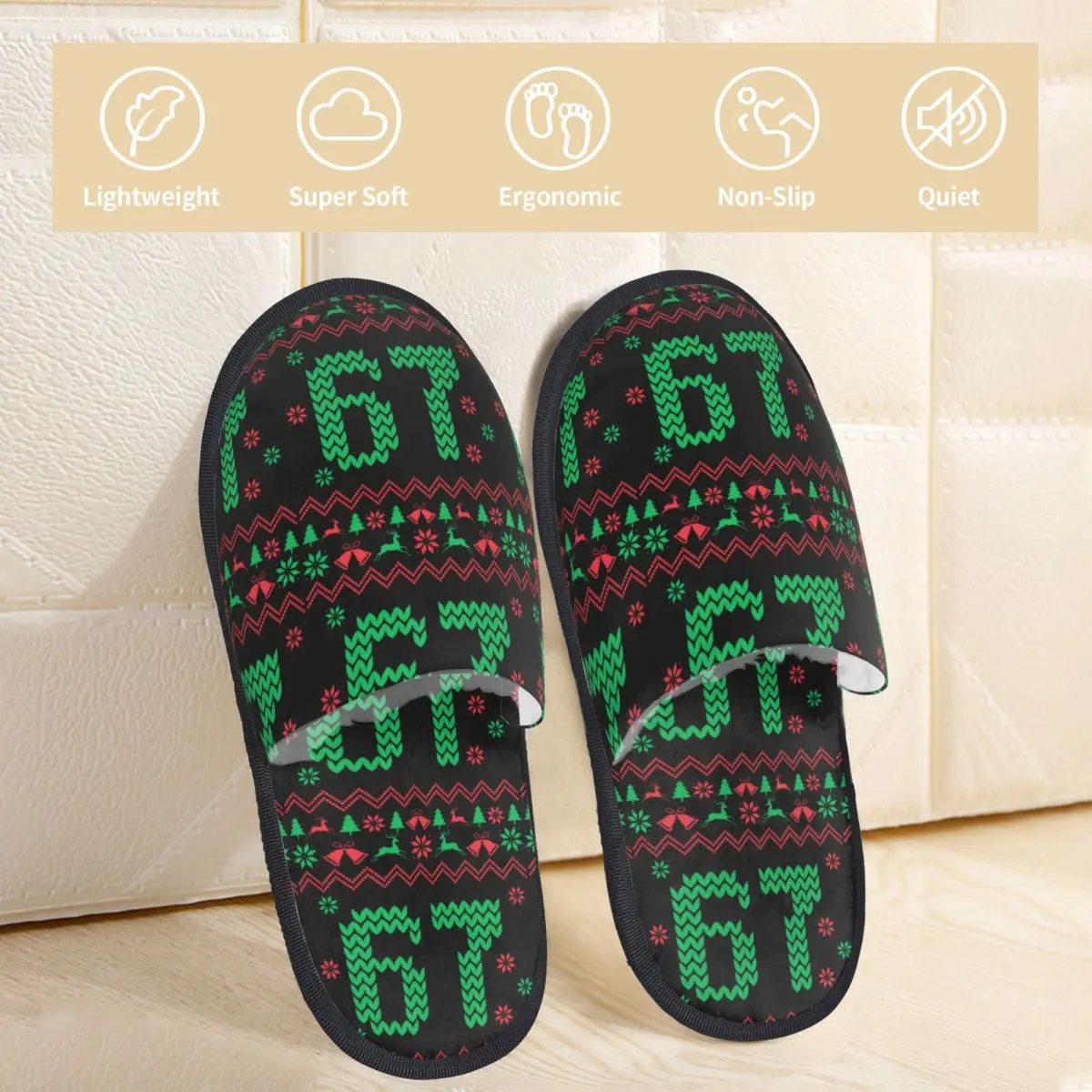 Christmas Number 67 Xmas Lights Santa Slippers Indoor Six Seven Soft Household Fur Slippers Slides Non Slip
