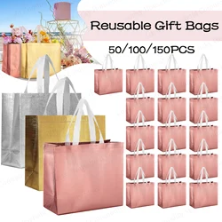 150-50Pcs Reusable Gift Bags Non Woven Shopping Bag Glossy Grocery Bags Wedding Gift Bag with Handles Bridesmaid/Party/Christmas