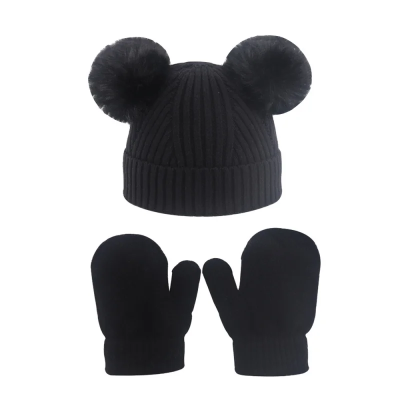 Winter Children's Knitted Hat and Gloves Two-Piece Set New Cross-Border Style Boys and Girls Baby Warm Double Ball Yarn Hat Set