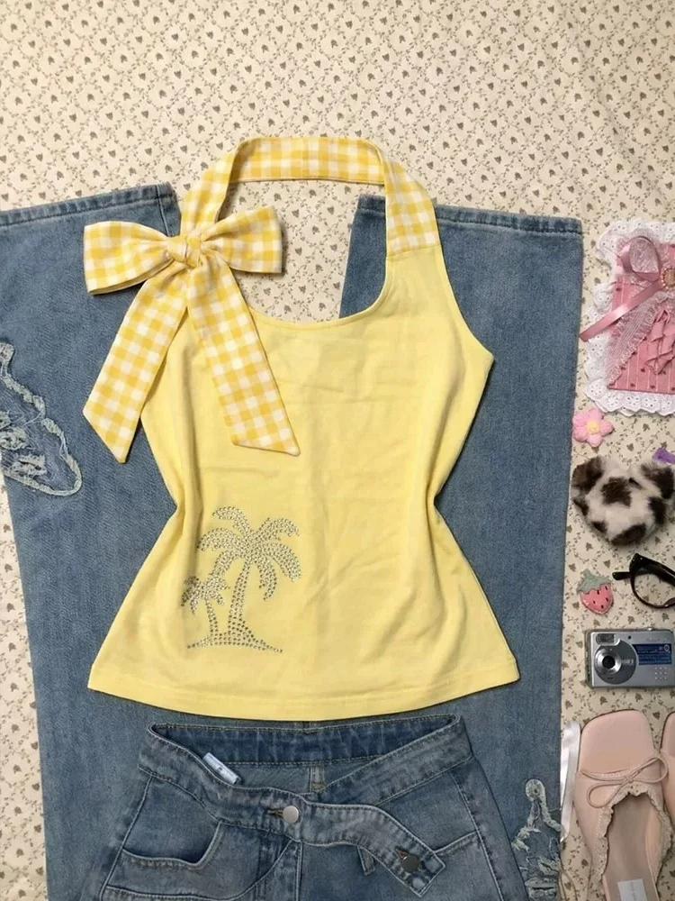 

Yellow Ne Hanging Diamond Vest Women's Summer Slimming Age-Defng Top Sweet Sle Faionable nut Tree Drill Vest