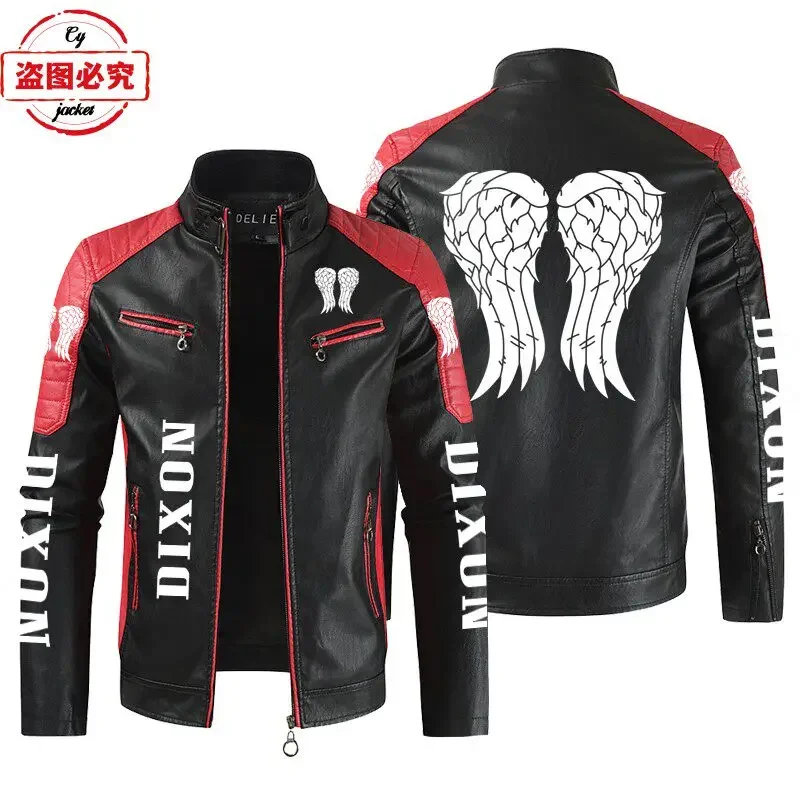 EU Size Angel Wings Printed Motorcycle Suit LOGO Retro Washed PU Leather Jacket Windproof Motorcycle Riding Jacket for Men