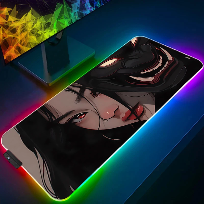 Kawaii Muismat Anime Schattig Meisje Gabinete Gamer RGB Computer Duivel Oni Masker Bureaumat LED Toetsenbord Gaming Accessoires Muismat