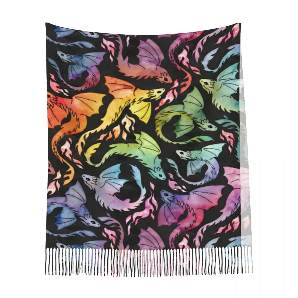 التنين النار الظلام قوس قزح وشاح شرابة الأوشحة النساء شالات دافئة لينة ويلتف كبير الخريف الشتاء شال التفاف