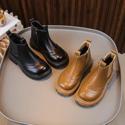 Botas Chelsea de cuero con punta redonda para niño y niña, botines versátiles y suaves, estilo Retro británico, otoño e invierno, 2023