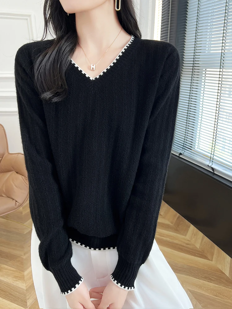 2024 Women's V-neck Pullover 100% Merino Wool Sweater Autumn Winter Loose Color Match Cashmere Knitted Female Clothing Grace Top