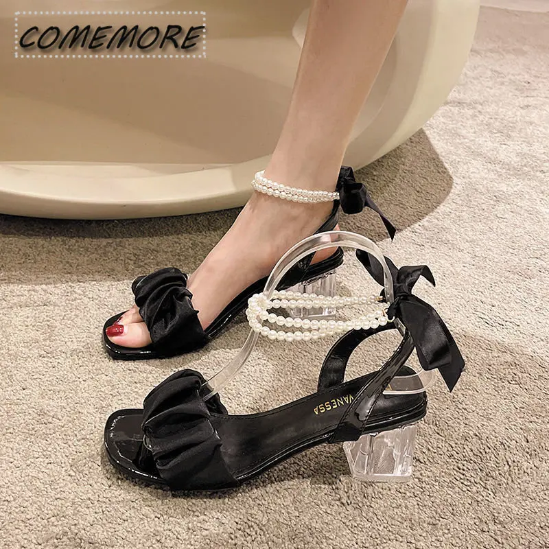 Clear Heels Party Sandals Woman 2023 Cross Buckle Strap Female Shoes Med Cross-Shoes High Girls Medium Fashion Summer Block Bow