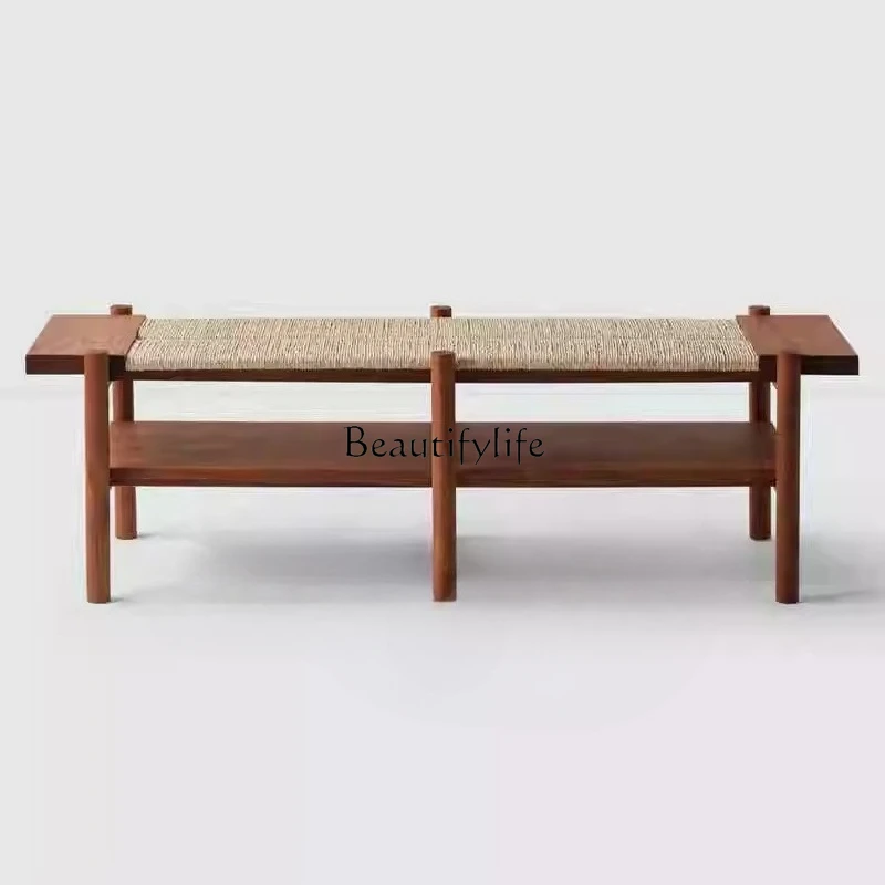 

03.Nordic solid wood woven wabi wind bedside stool entrance entrance shoe change living room leisure tea stool