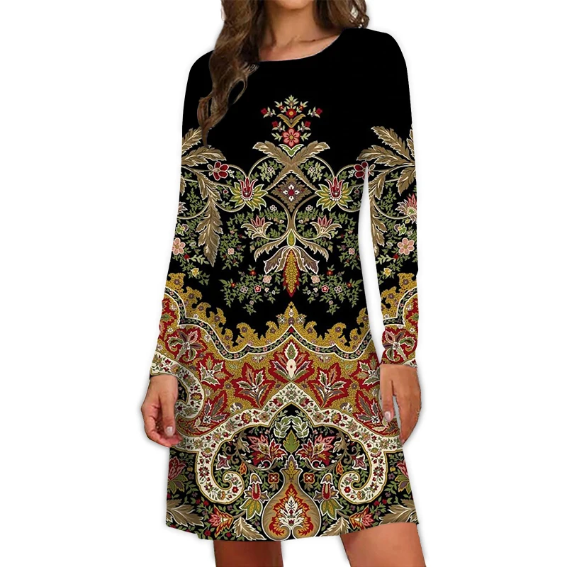 2024 Fall New Arrival Women\'s Dresses Ethnic Style Bohemian 3D Printing Dress Vintage Casual Loose Long-Sleeve Fashion Clothing