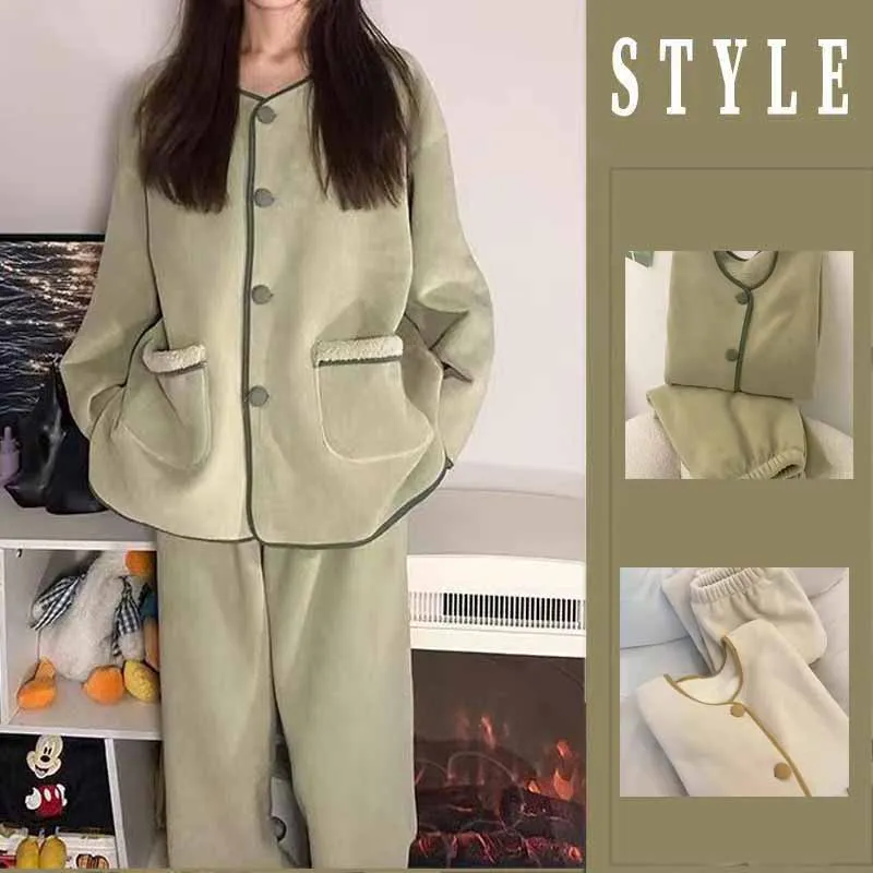 Women Flannel Thicken Fleece-Lined Pijamas Suit Autumn Winter Shirt&pants 2 Pcs Pajamas Set Solid Color Homewear Warm Nightwear