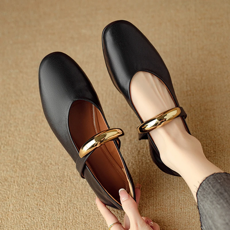 Spring Genuine Leather Flat Ballet Shoes Women's Round Toe Shallow Mouth Single Shoes Metal Buckle Lazy Loafers Mary Jane Shoes