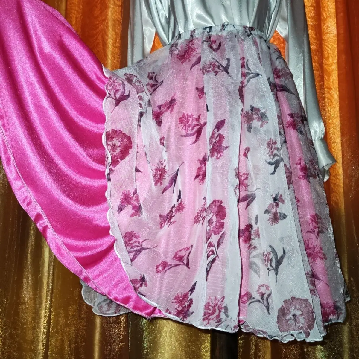 

Glossy Double Layers Satin Voile Skirt Elegant Floral Print Women High Waist A Line Midi Bottoms