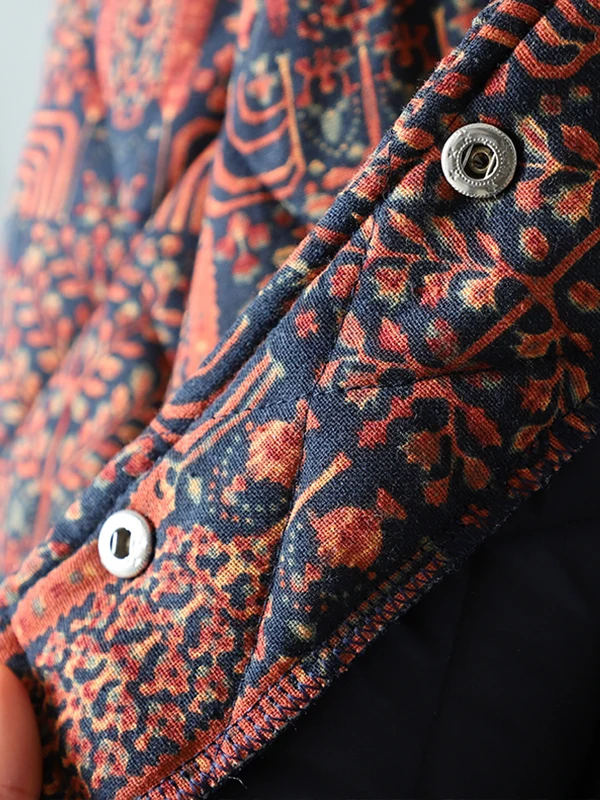 

Retro Korean Sle Thiened Cotton Jaet Winter New Arrival Slimming Stand Collar Printed Warm Coat Women's Faionable Out...