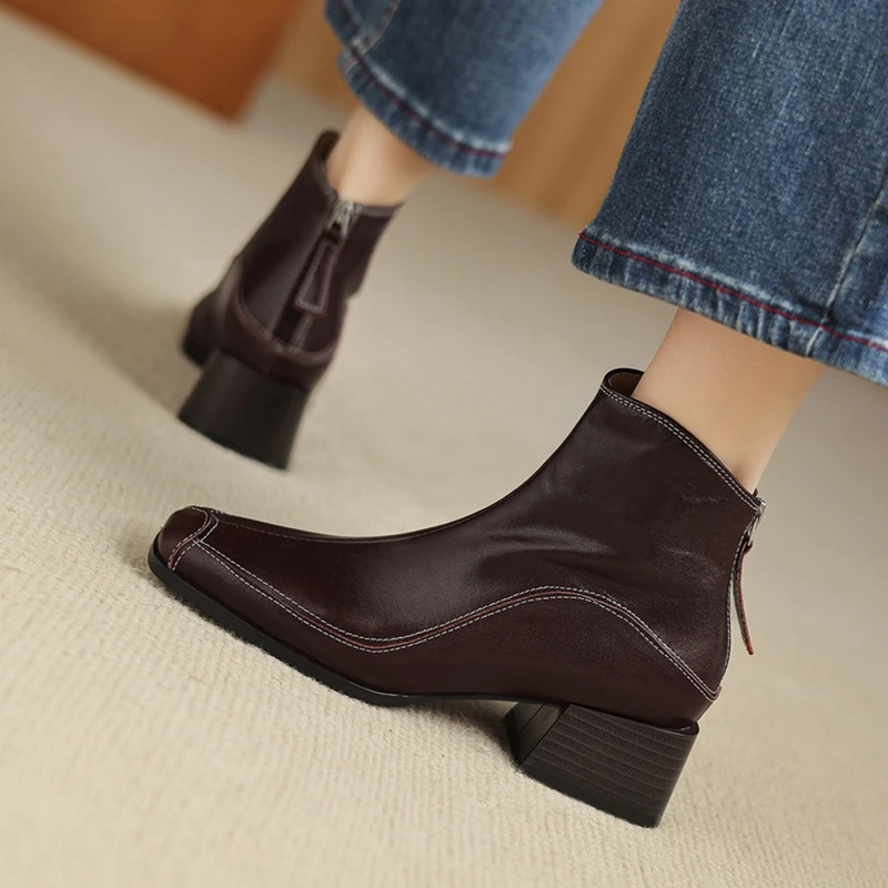 NEW Autumn/Winter Women Boots Genuine Leather Shoes for Women Square Toe Chunky Heel Shoes Zipper Short Boots Sewing Daily Shoes