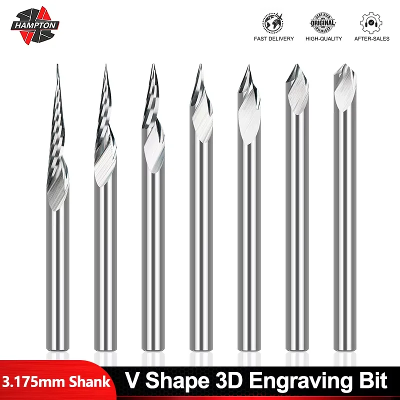 1pc 3.175mm Shank V Shape Tip Carving Cutter 20/30/45/60 Degrees Milling Cutter Tungsten Carbide Router Bit PCB 3D Engraving Bit