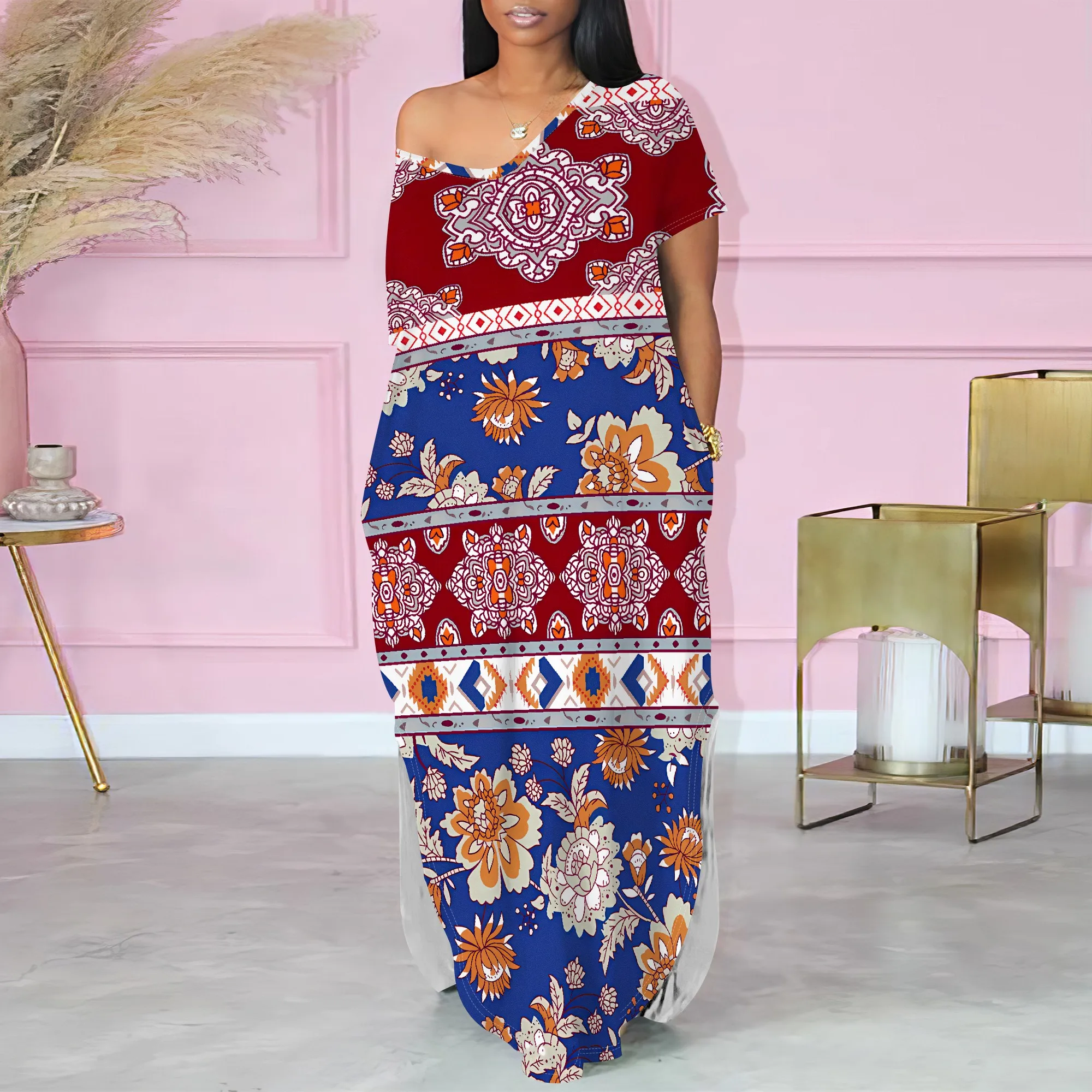 

Women's Pullover Sexy Short Sleeve One-Shoulder V Neck Fashion Printed Summer Two-side Slits Casual Maxi Dresses With Pocket