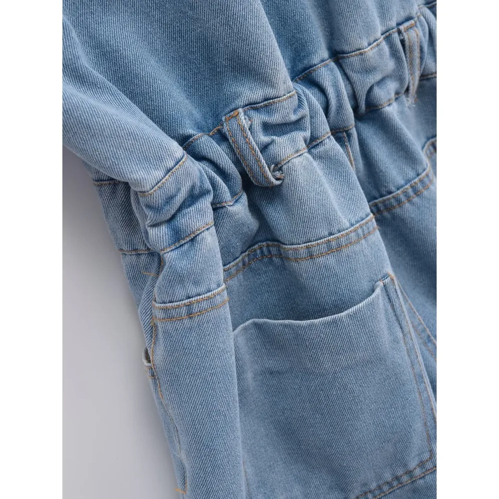 TRAF ZR-Combishort en Denim pour Femme, Barboteuse à Col à Revers, Manches Courtes Retroussées, lèvent Avant en Métal, Ceinture artificiel astique au Dos, une Pièce