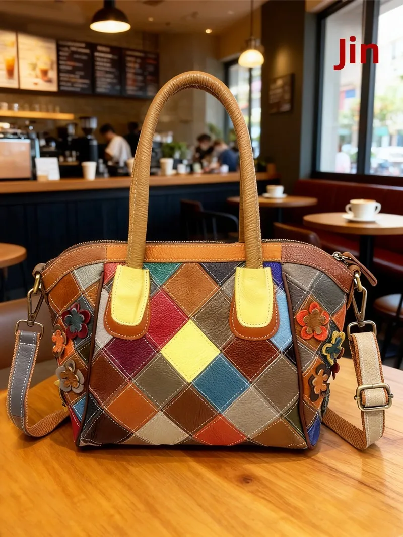 

Leather Handbag Women's Crossbody oulder Bag Spliced Floral Color Blo Soft Briti Sle Bag for Daily Use