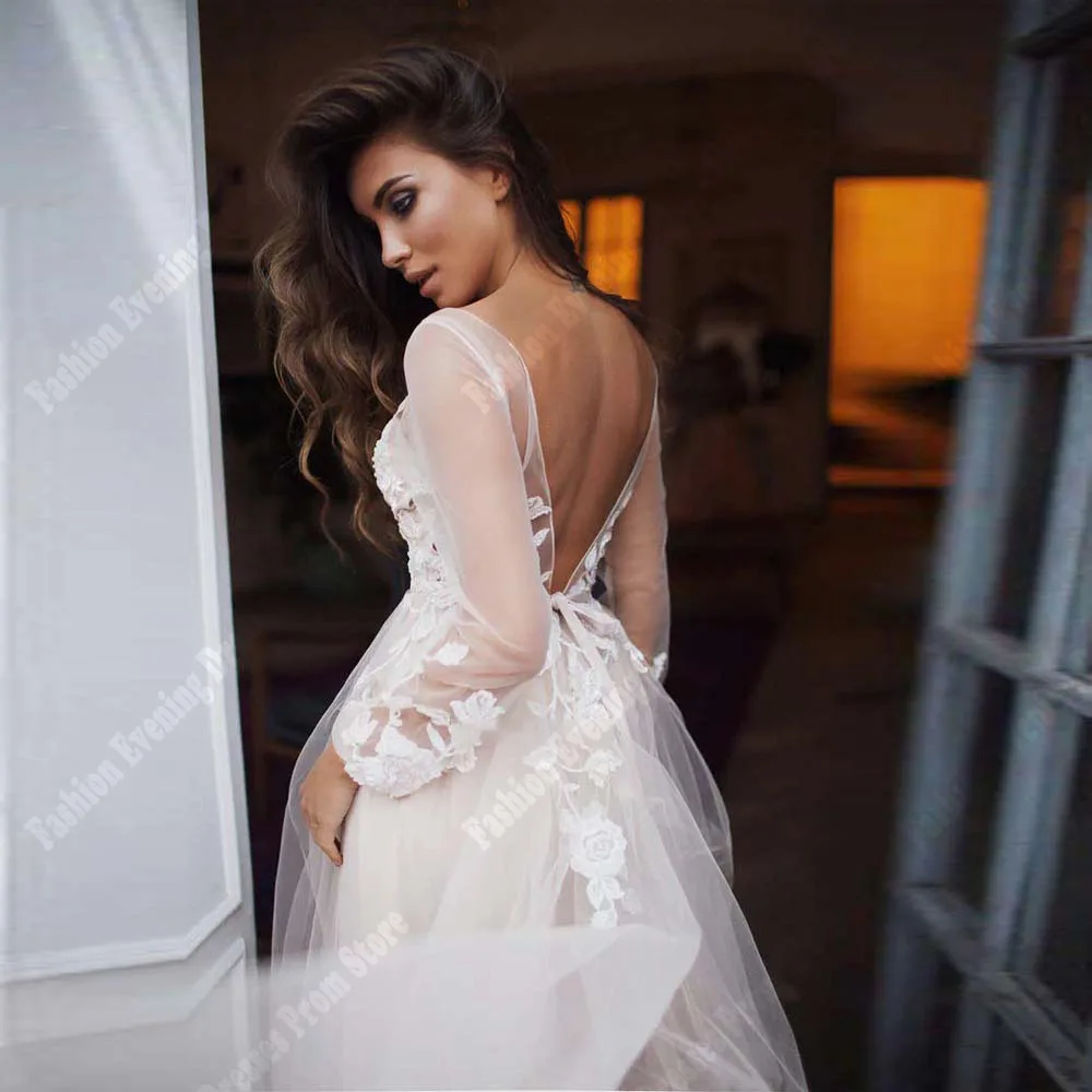 Elegant White Women Wedding Dresses Long Sleeves Lace Applique A-Line Bridal Gowns Custom Made Classical Button Vestido De Noiva