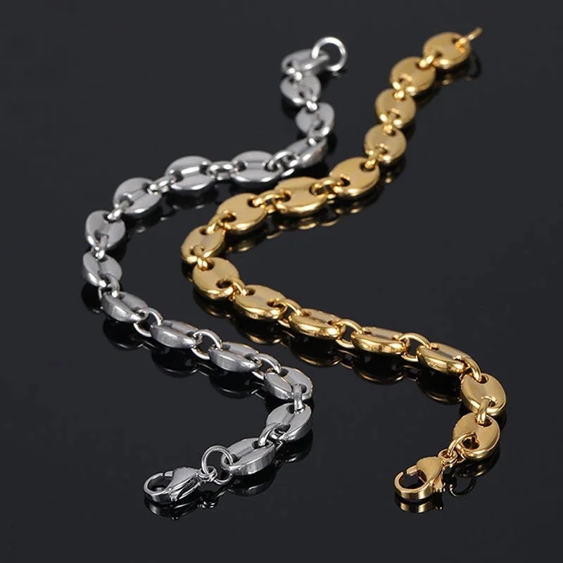 New Coffee Beans Pig Nose Chain Bracelet Men Stainless Steel Jewelry Polished Strong Real Gold Plated Color