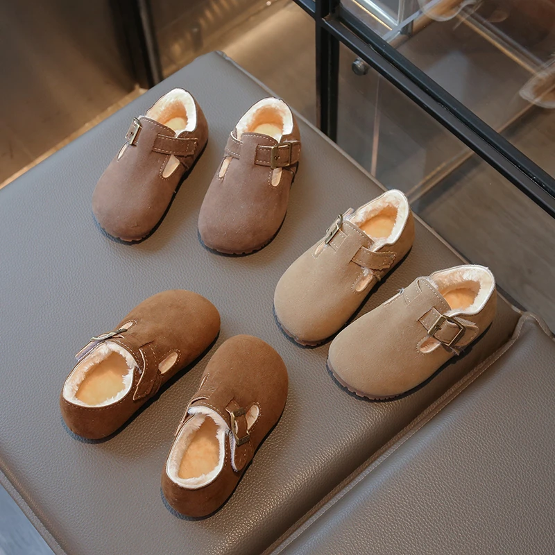 

Детские туфли на плоской подошве, замшевые зимние детские нескользящие туфли на мягкой подошве, новинка 202, кожаная обувь для девочек, теплая мода в стиле ретро