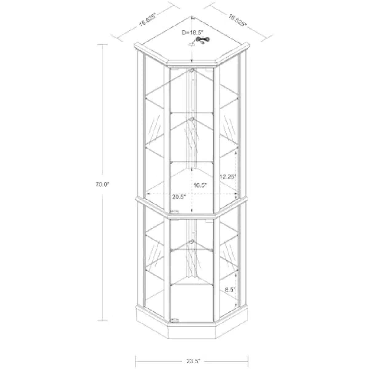 Tall Lighted Curio Cabinet 70 Inch with Tempered Glass Doors Mirrored Back Panels and Five Adjustable Shelves for Wine Bar Livin