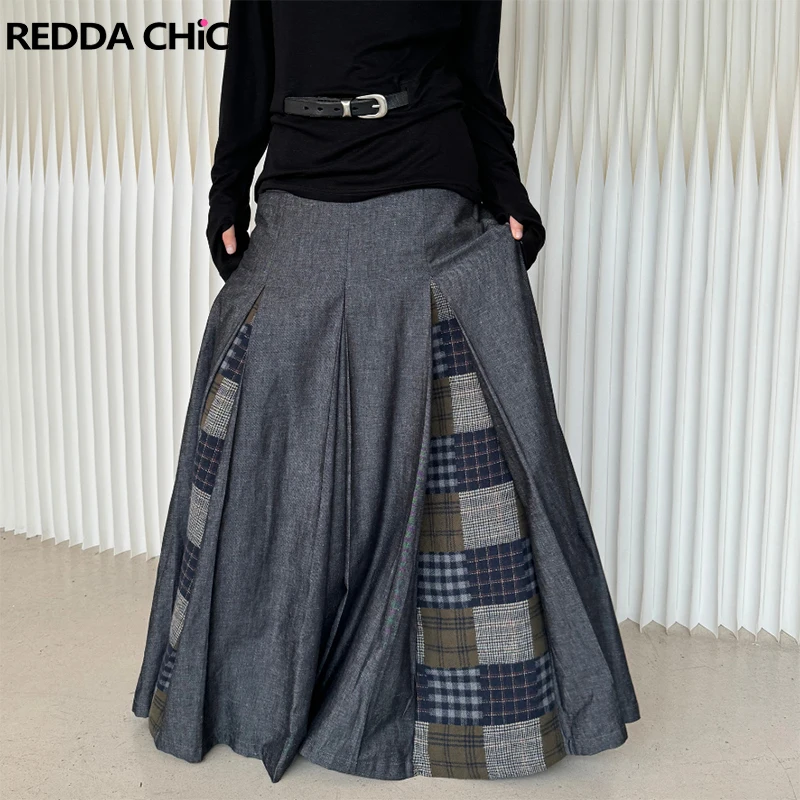 

ReddaChic серые клетчатые юбки винтажные трапециевидные с низкой заниженной талией свободные женские длинные юбки до середины икры для женщин осенне-зимняя одежда