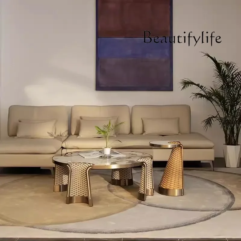

Villa living room household woven coffee table 304 stainless steel creative edge table natural marble