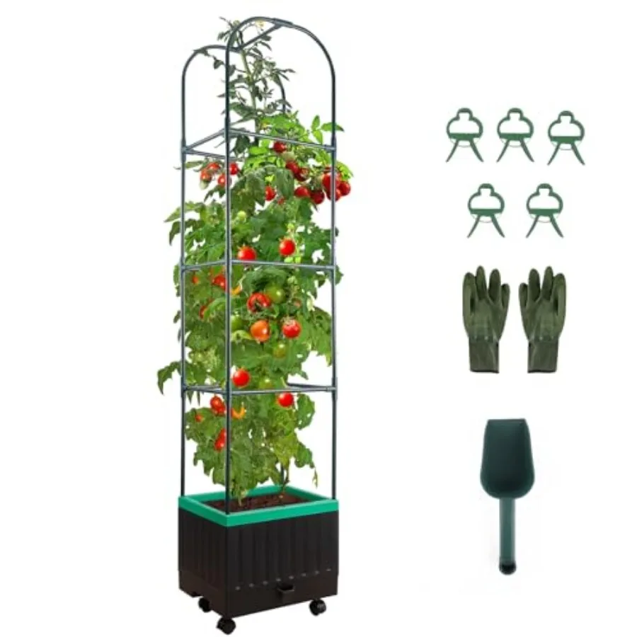 

Raised Garden Bed with Self Watering Garden Pots Planter Box with Trellis for Climbing Plants Vegetable Vine Flowers Tomato Cag
