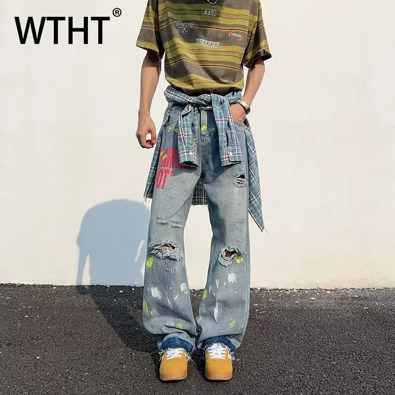 WTHT Fashion Men's Letter Print Hole Do Old Design Denim Pants Vintage High-waisted Wide Leg Jeans Male 2025 Autumn 2A1830
