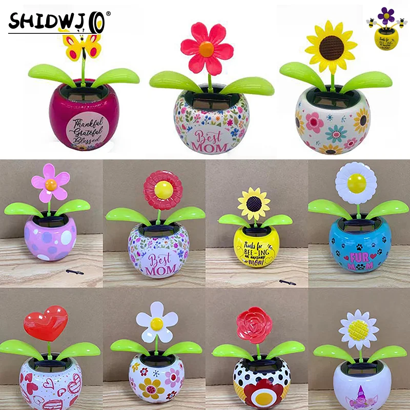 1pcs Car Dashboard Decor Office Indoor Car Ornament Flower Pot Solar Powered Dancing Shaking Head Cartoon Sun Flower Pot