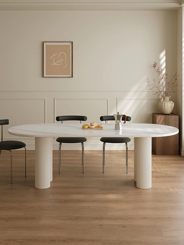 

Cream Style Stone Plate Dining Table French Dining Table and Chair New Oval Home Dining Table