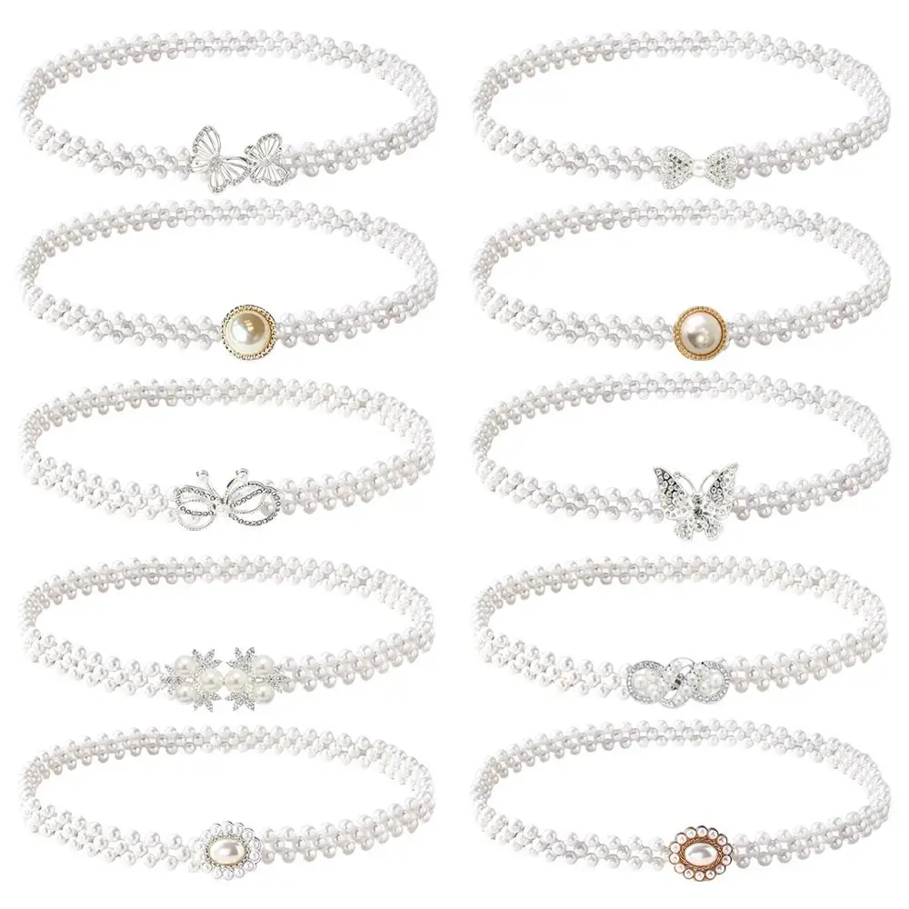 Pearl Beads Pearl Waist Chain Thin Narrow Style Rhinestone Inlaid Elastic Waistband Pearl Strung Design Stretch Elastic Band