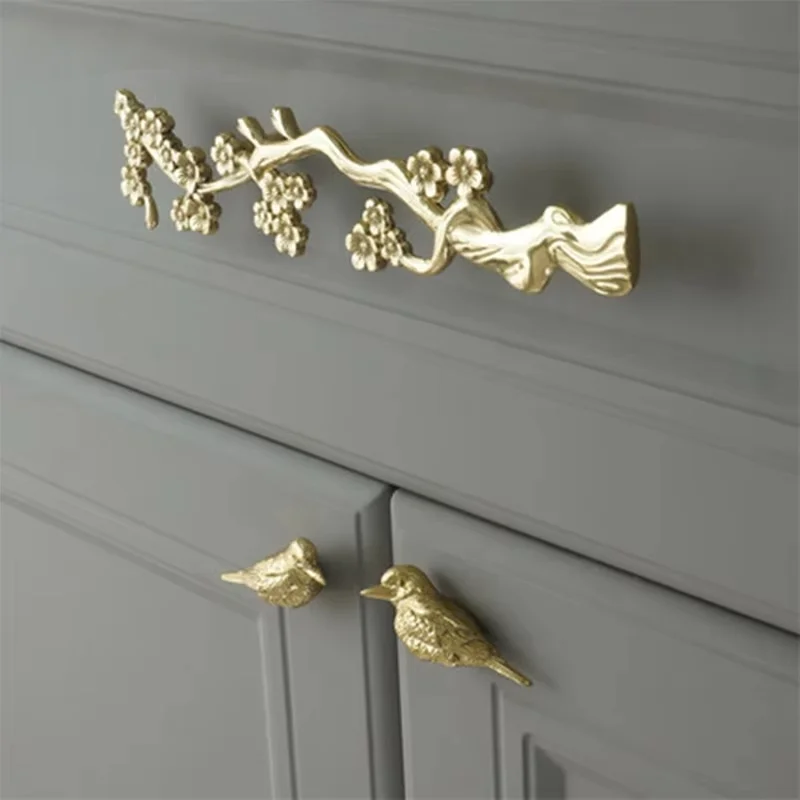 New Birds Knobs for Dresser Plum Branches Cupboard Door Handles and Knobs Drawer Cabinet Pulls Brass Decor Furniture Hardware
