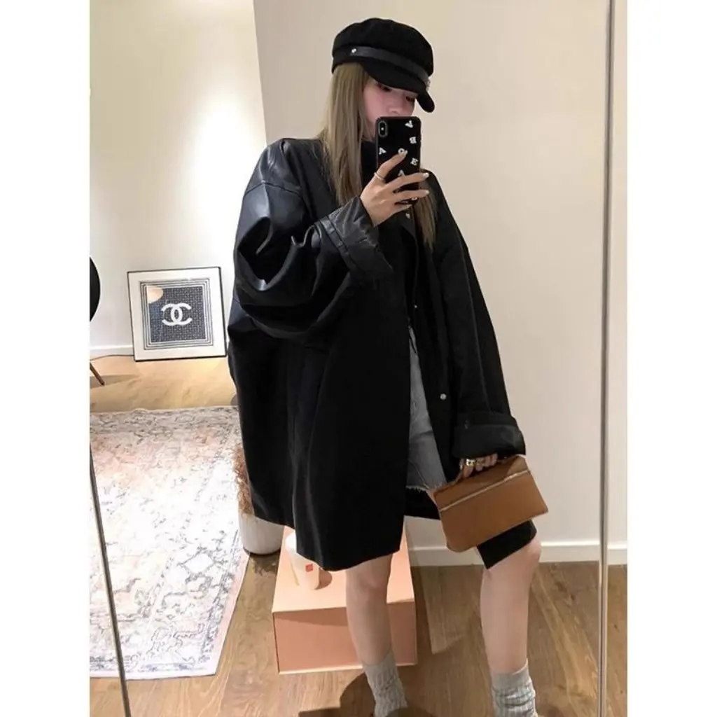 Feminino retro gola alta jaqueta de couro outono estilo coreano hong kong blusão versátil topo novo