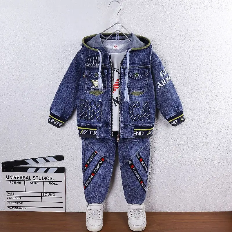 Children Clothes Boy Denim Clothing Sets 2024 Autumn New Fashion Hooded Letters Print 2pcs Jacket & Jeans Suits Top Quality