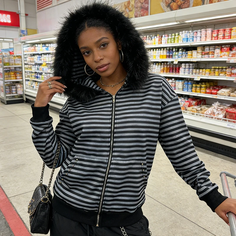 

Autumn Winter Black Gray Stripes Contrast Fashion Darklywear Fur Collar Aesthetic Long Sleeve Coat Personality Y2K Casual Hoodie
