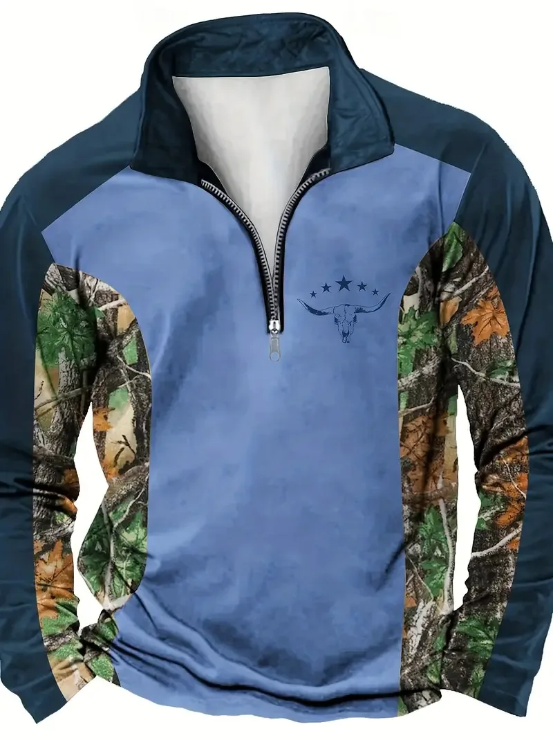 موضة الوقوف طوق الرجال ريترو الثور رئيس ثلاثية الأبعاد طباعة نصف البريدي كم طويل بلوزات خريف شتاء كم طويل البلوز رجل الملابس #2