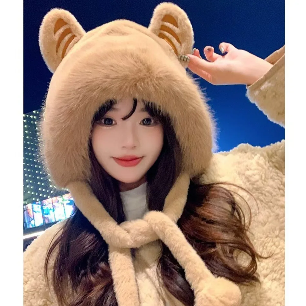 Nuevo gorro grueso de felpa con pompón y cordones para invierno, gorros cálidos con orejas de tigre, gorros con protección para los oídos, gorro cálido para invierno a prueba de viento para exteriores